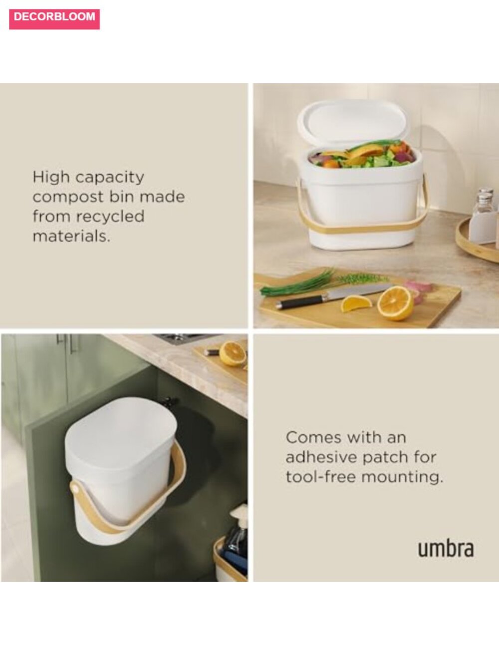 Countertop Compost Bin with Wooden Handle, BPA-Free, 4L - Picture 3 of 5